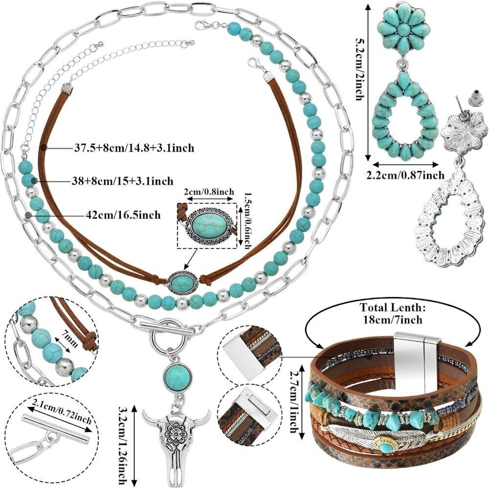 Western Boho Jewelry Set Women Turquoise Earrings Necklace Bracelet Cowgirl - Picture 7 of 7